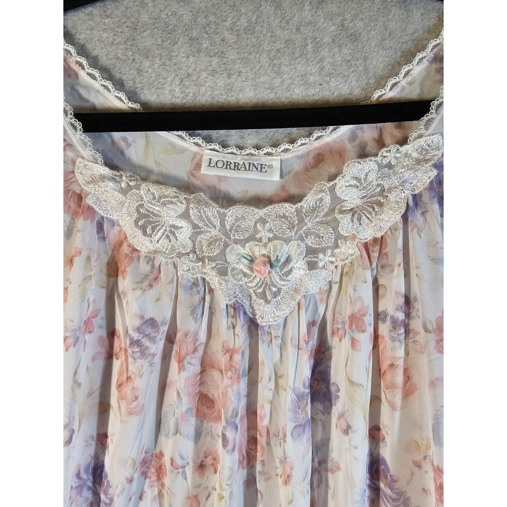 NWT Vintage LORRAINE Pink Lavendar Floral Nylon Lace Trim NIGHTGOWN Size Medium - Picture 3 of 6